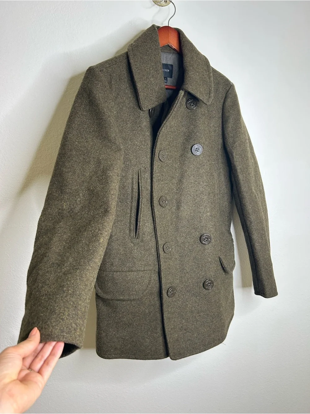 J. Crew 100% Wool Army Green Double Breasted Peacoat Size Small